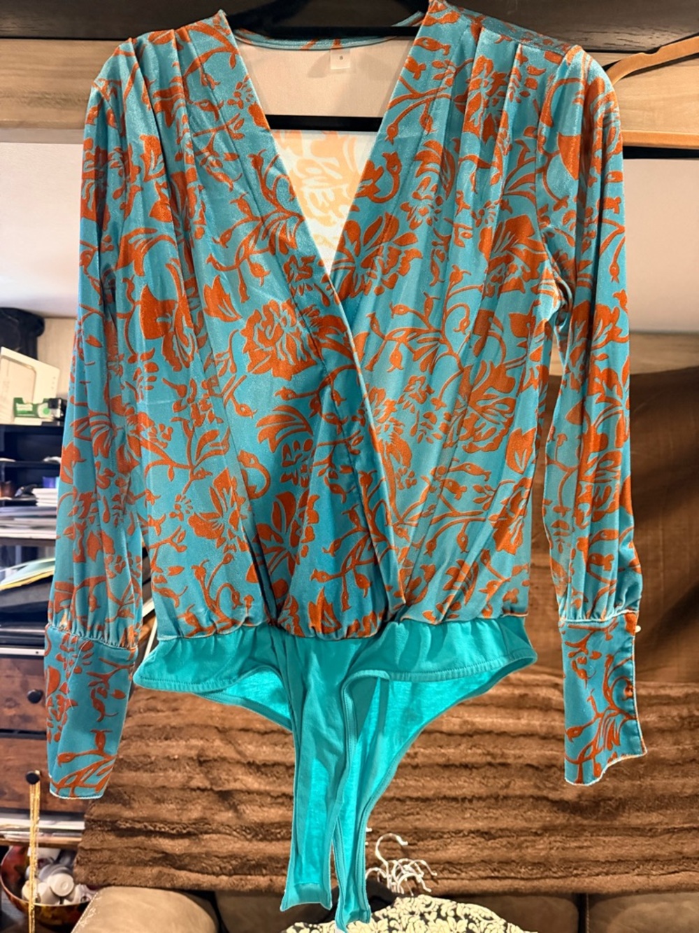 Turquoise & Brown velour Floral Surplice Bodysuit